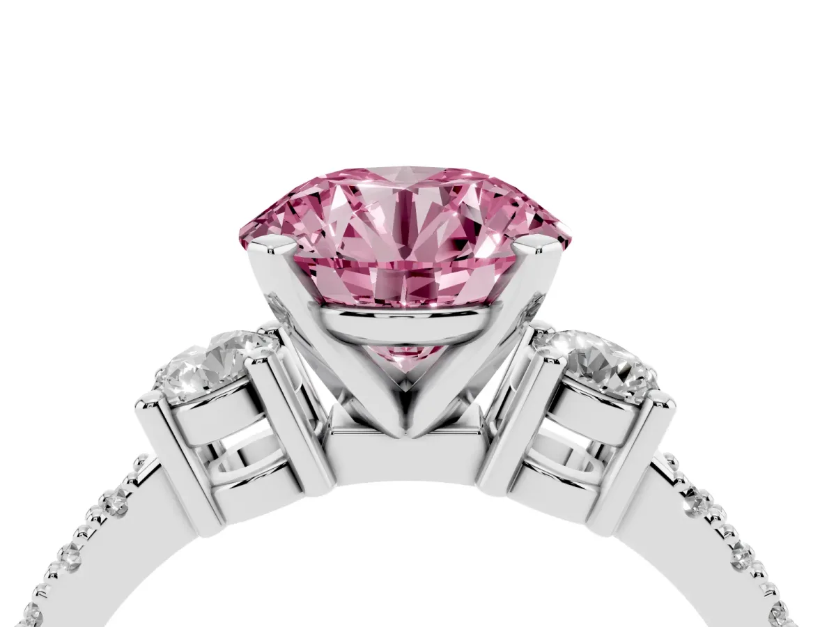 Fancy Pink Round Cut Three-Stone Diamond Pavé Band with Prong Setting Silver