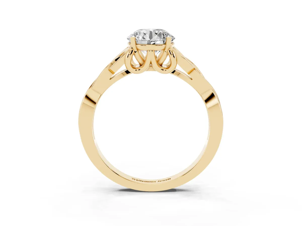 Round Cut Diamond Solitaire Engagement Ring with Celtic Knot Band and Four-Prong Setting Yellow gold