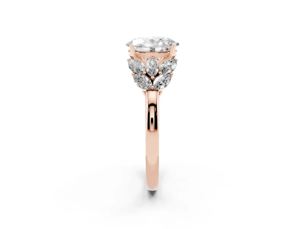 Oval Cut Diamond Cluster Leaf Design Ring with Prong Setting Rose gold