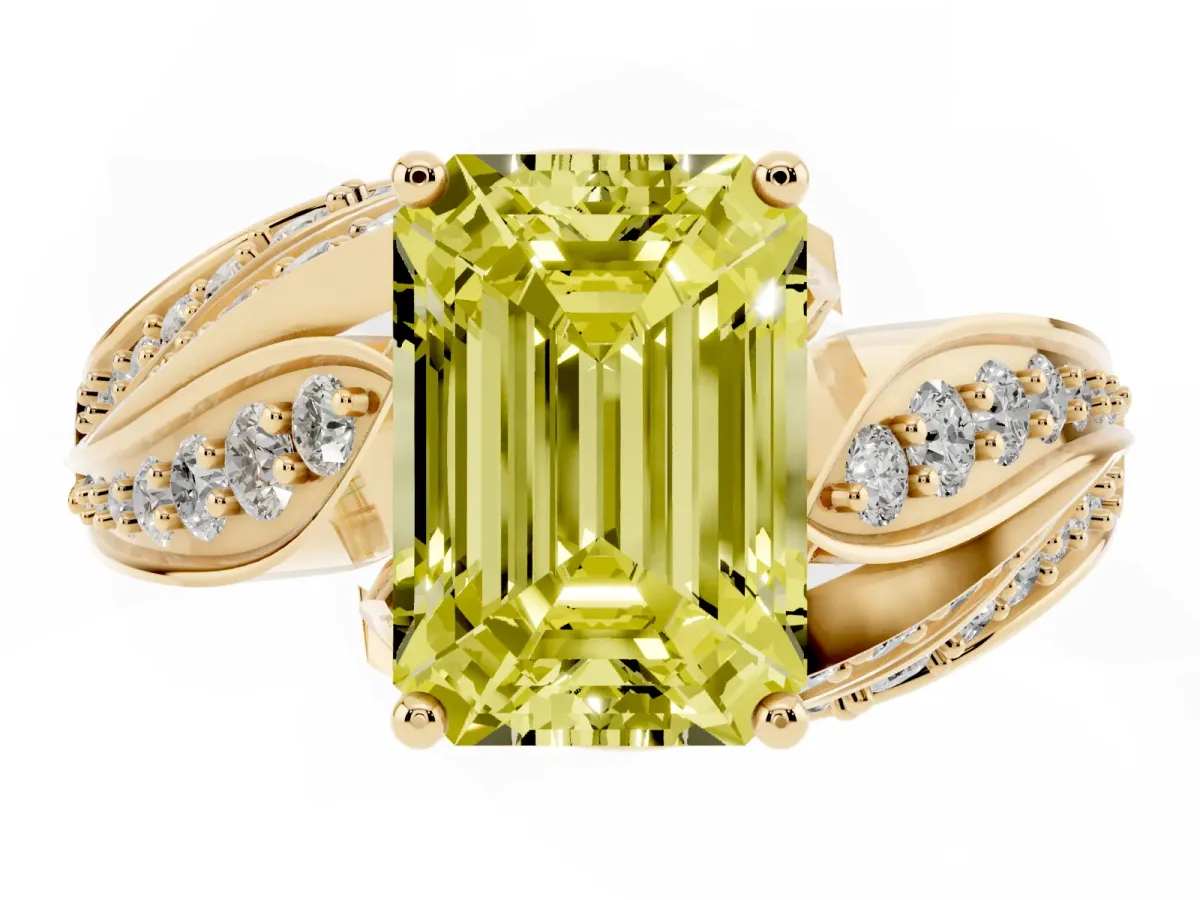 Fancy Yellow Emerald Cut Diamond Solitaire Ring with Prong Setting and Twisted Pavé Band Yellow gold