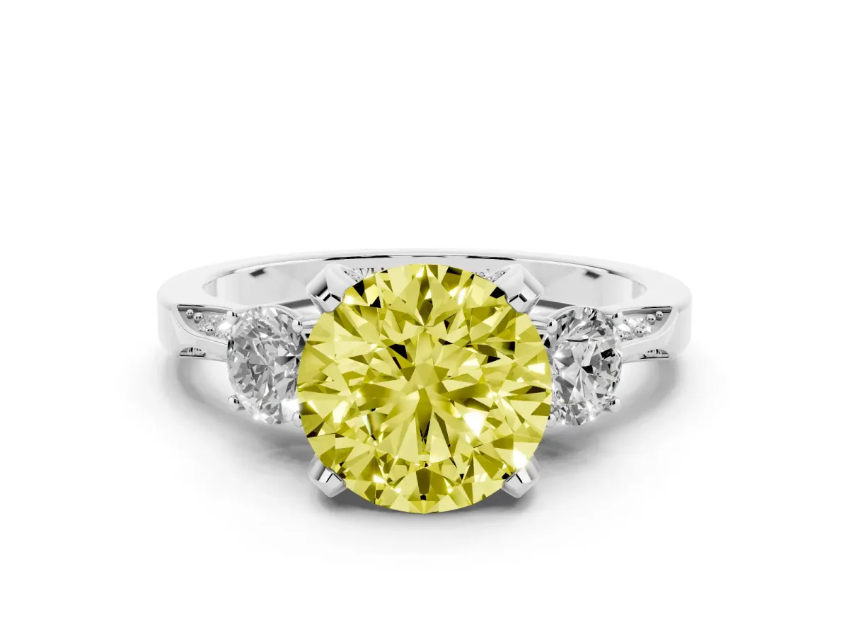 Fancy Yellow Round Cut Brilliant Three-Stone Diamond Ring with Pavé Band and Four-Prong Setting Platinum