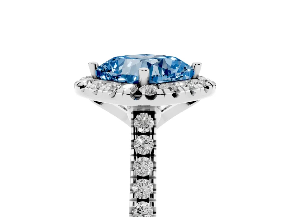 Fancy Blue Cushion Cut Diamond Cushion Halo Ring with Pavé Band Platinum