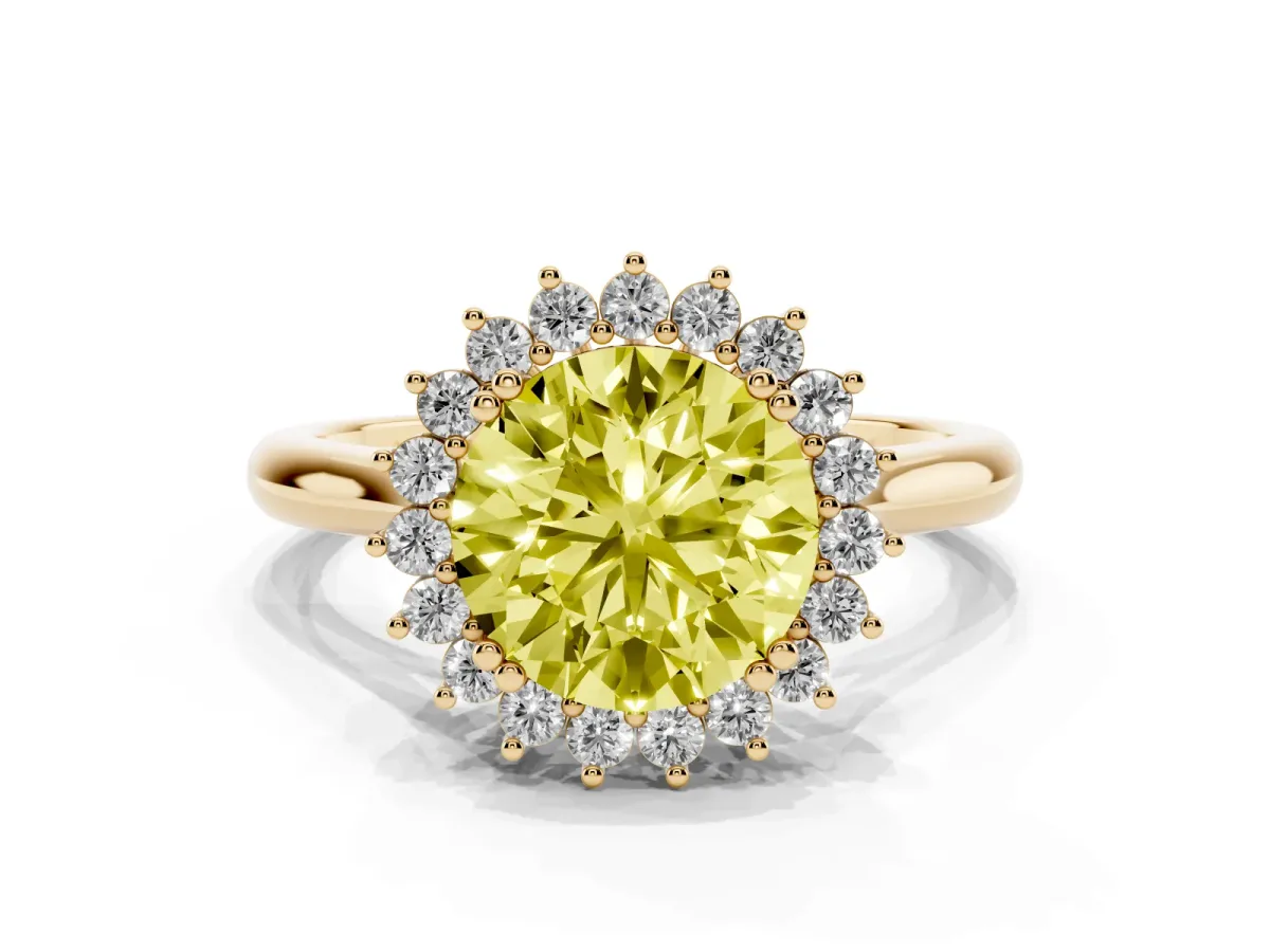 Fancy Yellow Round Cut Cut Diamond Halo Ring with Solitaire Band and Prong Setting Yellow gold