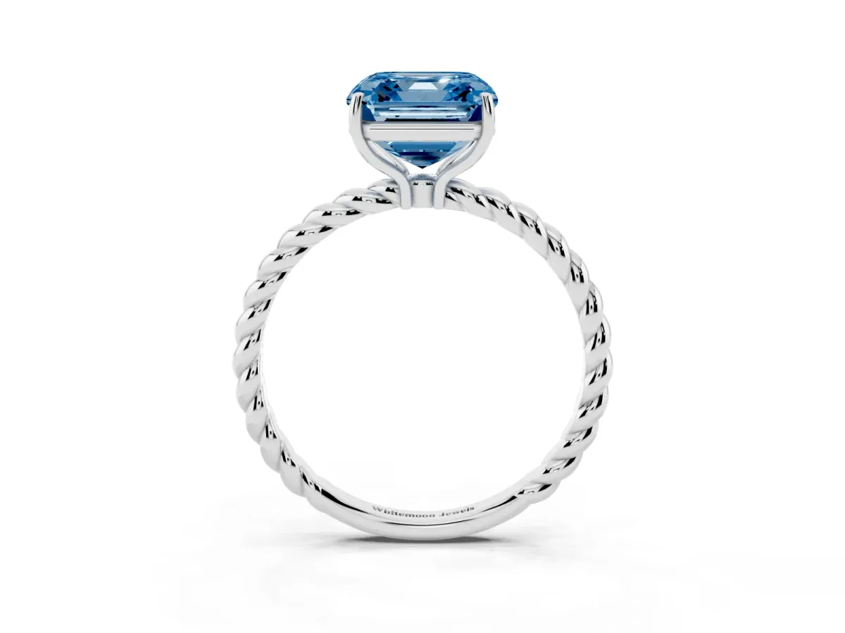 Fancy Blue Asscher Cut Solitaire Twisted Band 4-Prong Ring Silver