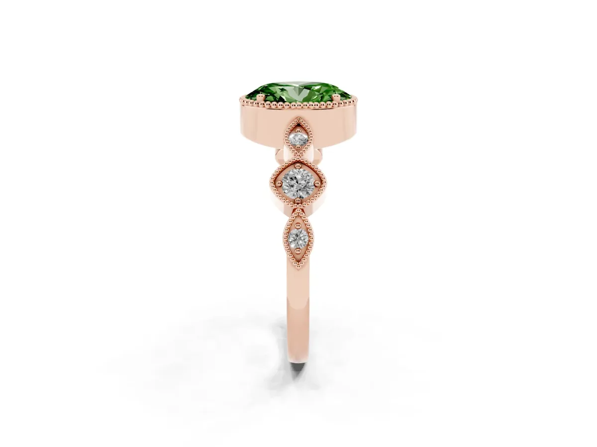 Fancy Green Oval Cut Diamond Vintage Milgrain Ring with Round Stations Rose gold