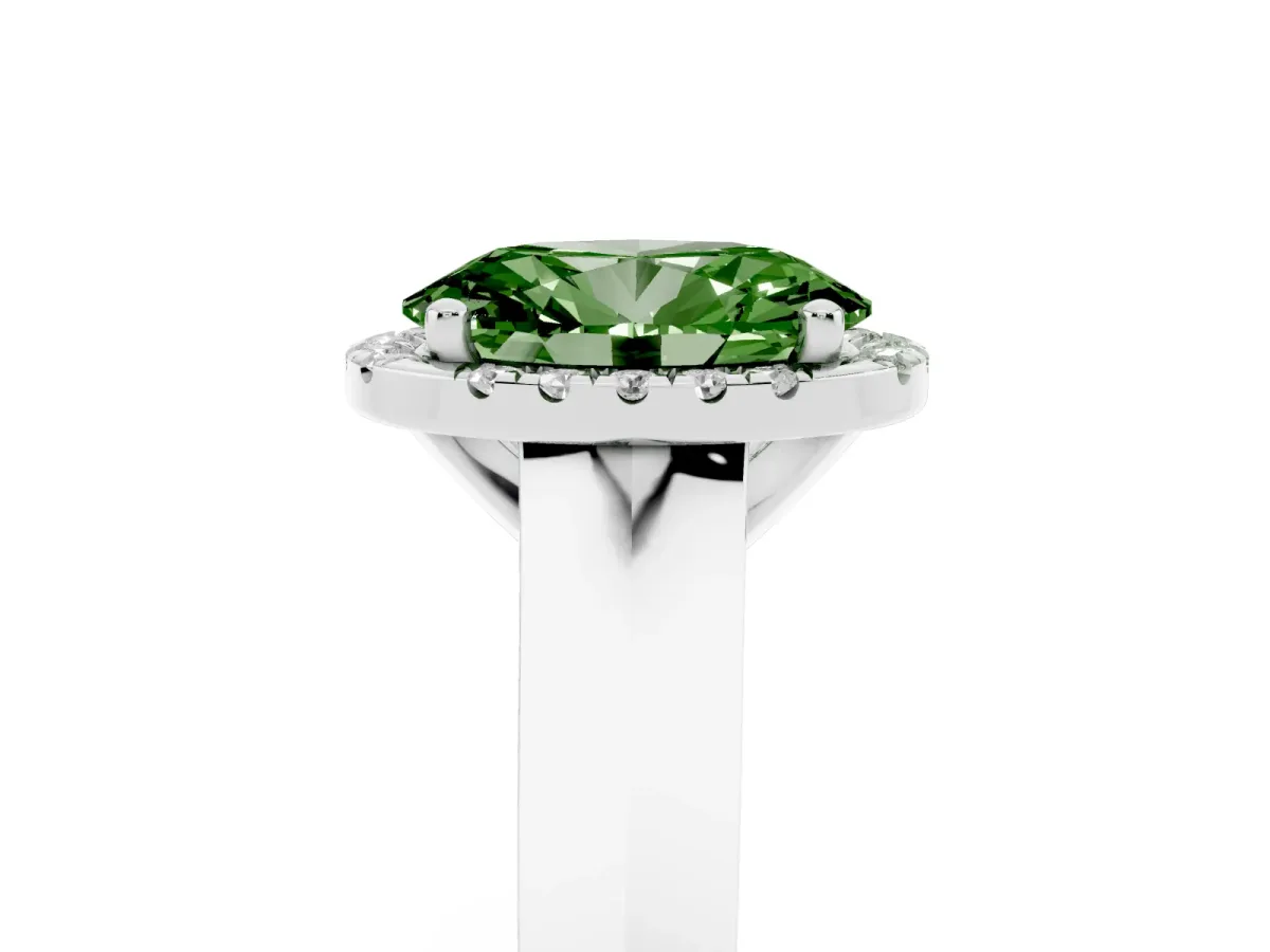 Fancy Green Oval Cut Halo Diamond Ring with Cathedral Band and Four-Prong Setting Silver