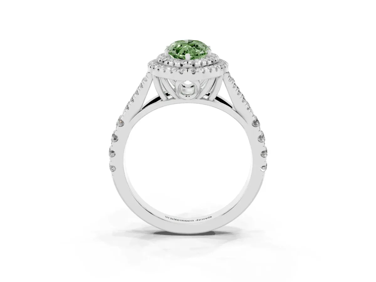 Fancy Green Double Halo Marquise Cut Diamond Split Shank Engagement Ring with Four-Prong Setting Silver