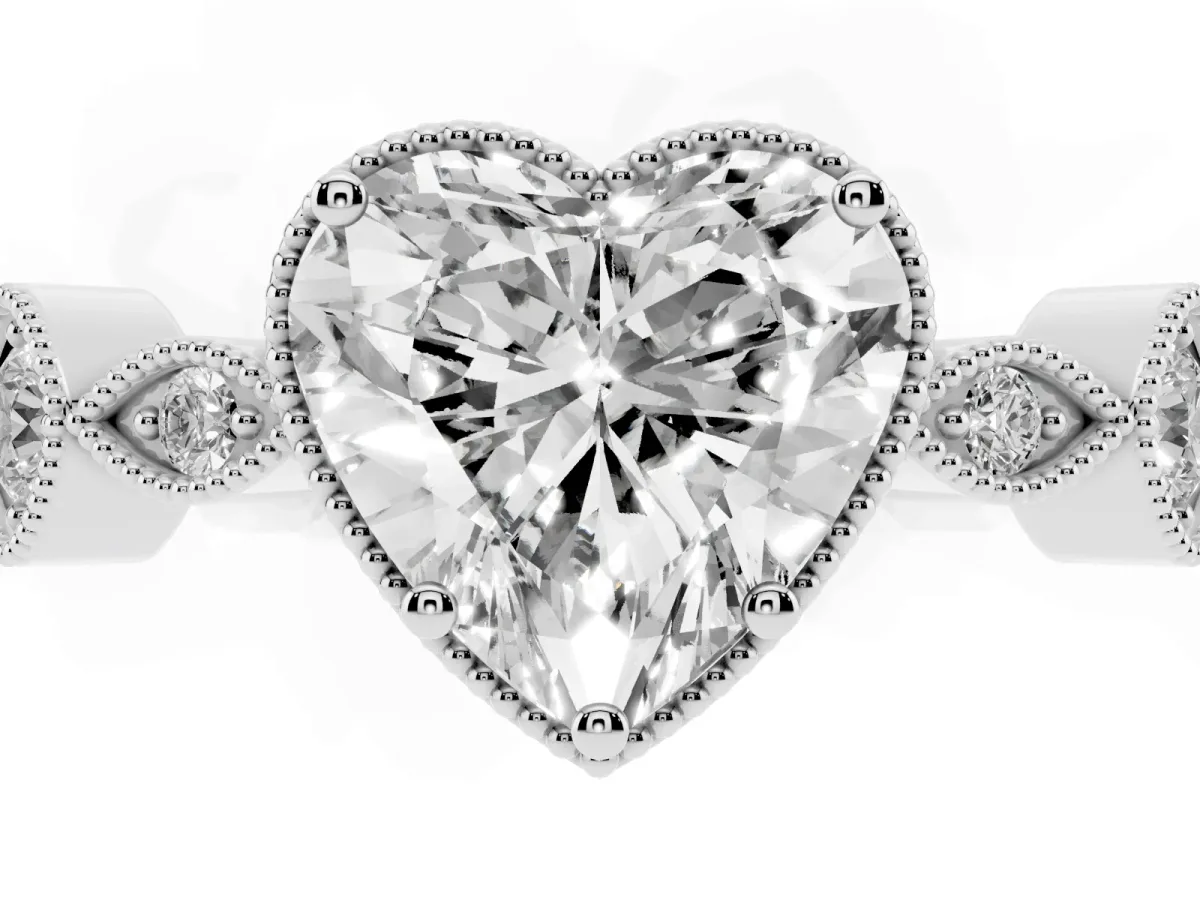 Heart Cut Diamond Vintage Milgrain Ring with Round Stations Silver