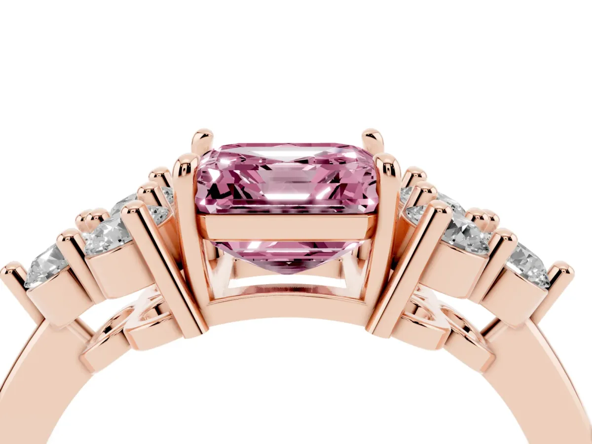 Fancy Pink Asscher Cut Brilliant Diamond Cluster Accent Solitaire Ring with Prong Setting Rose gold