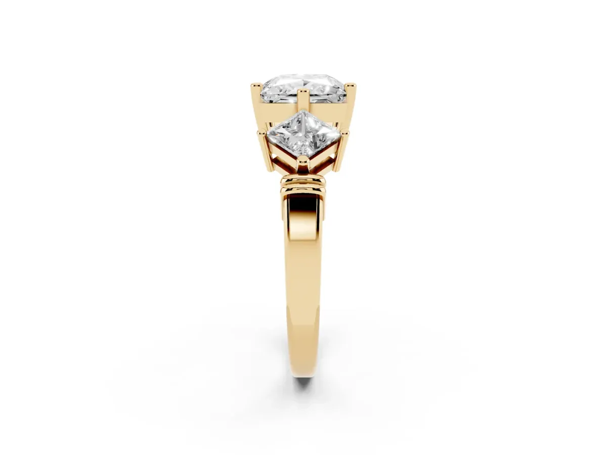 Three-Stone Princess Cut and Princess Cut Diamond Ring with Channel Band and Four-Prong Setting Yellow gold