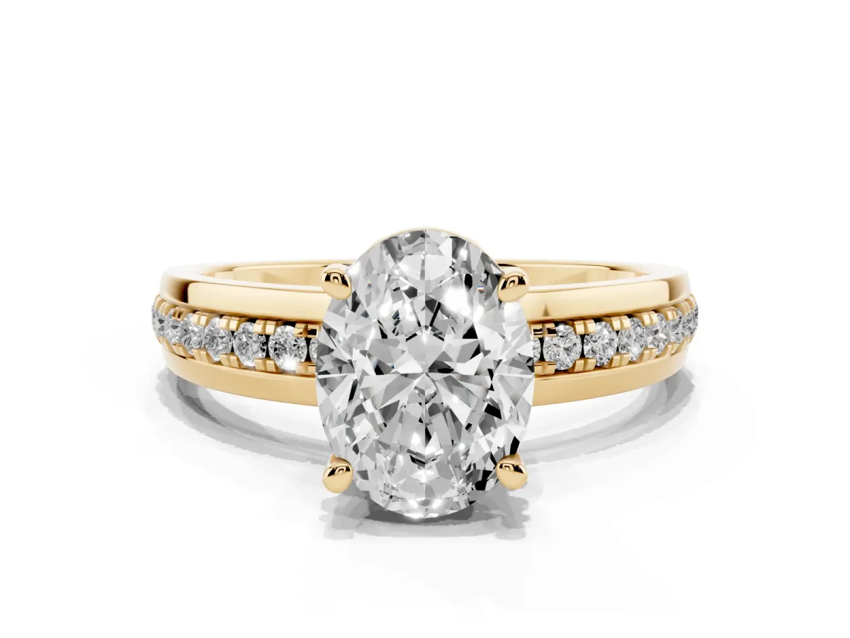 Oval Cut Solitaire Diamond Ring with Channel Set Band and Six-Prong Setting Yellow gold
