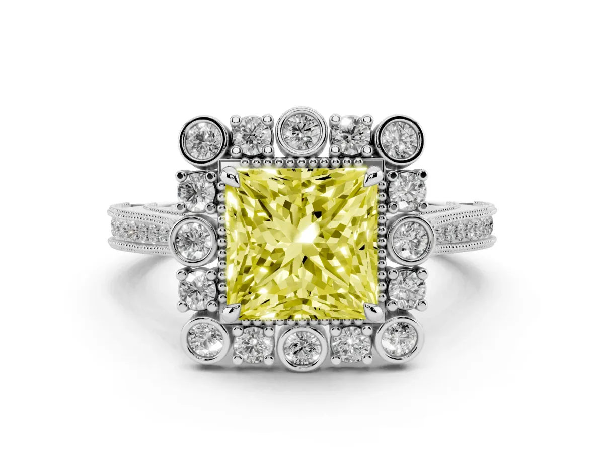 Fancy Yellow Princess Cut Halo Milgrain Pave Diamond Ring with Four-Prong Setting Platinum