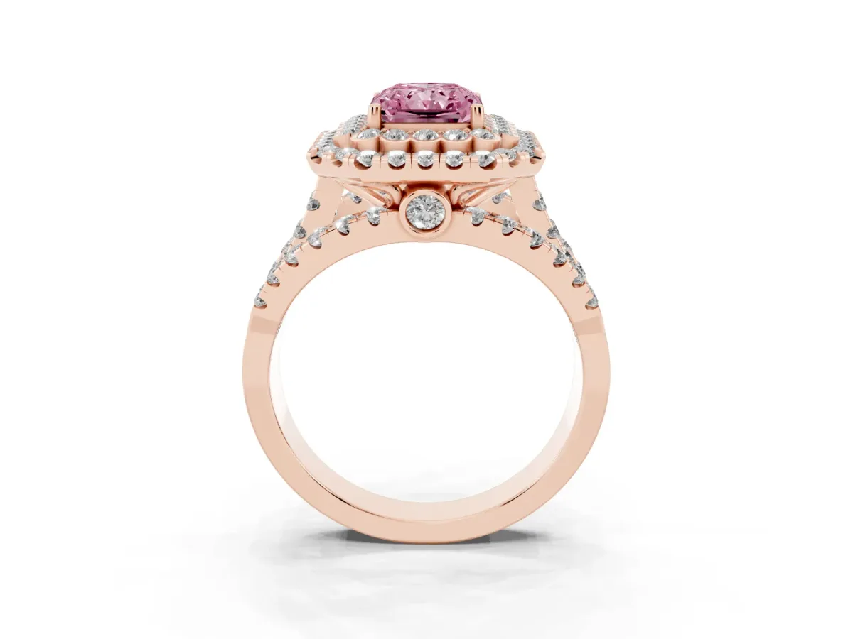 Fancy Pink Radiant Cut Diamond Double Halo Ring with Round Pavé Split Shank and Prong Setting Rose gold