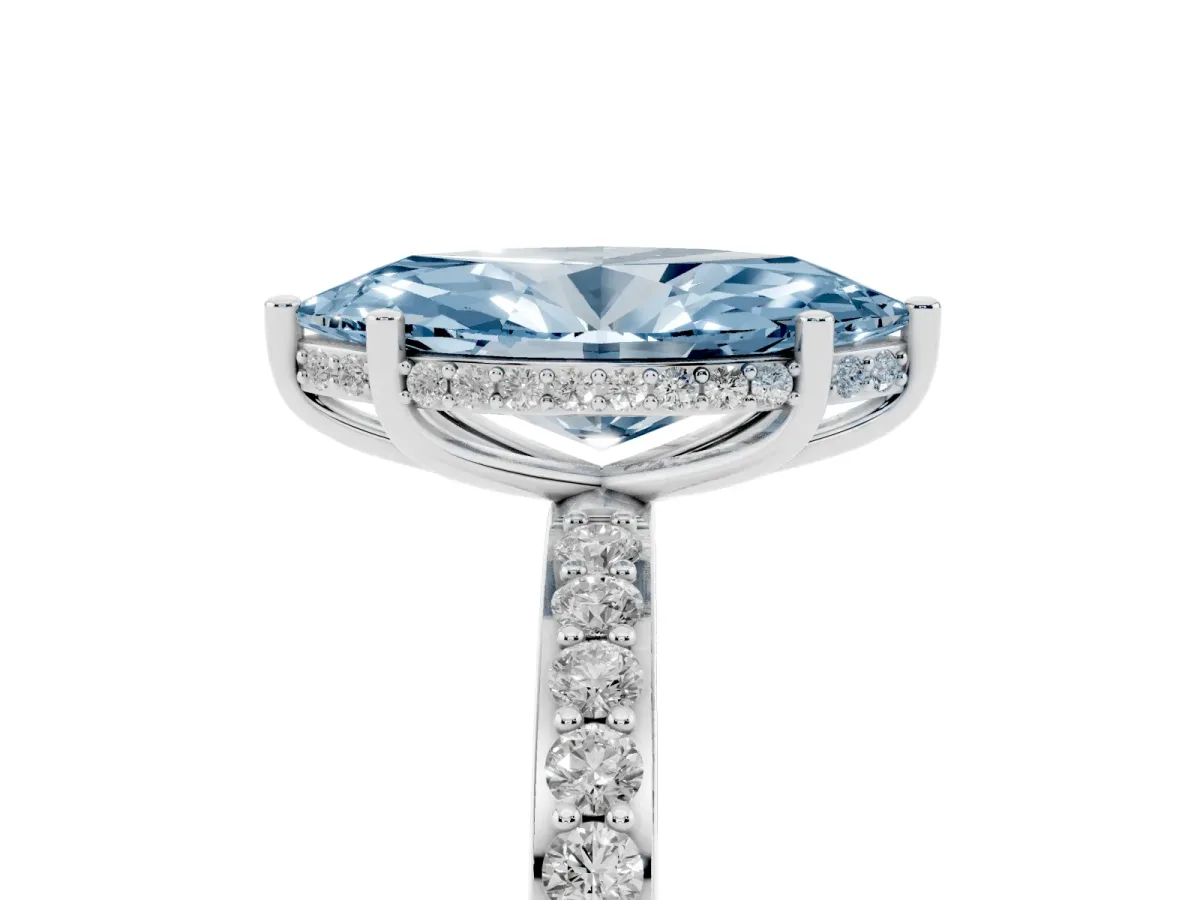 Fancy Blue Marquise Cut Diamond Solitaire Ring with Pavé Band and Hidden Halo Silver