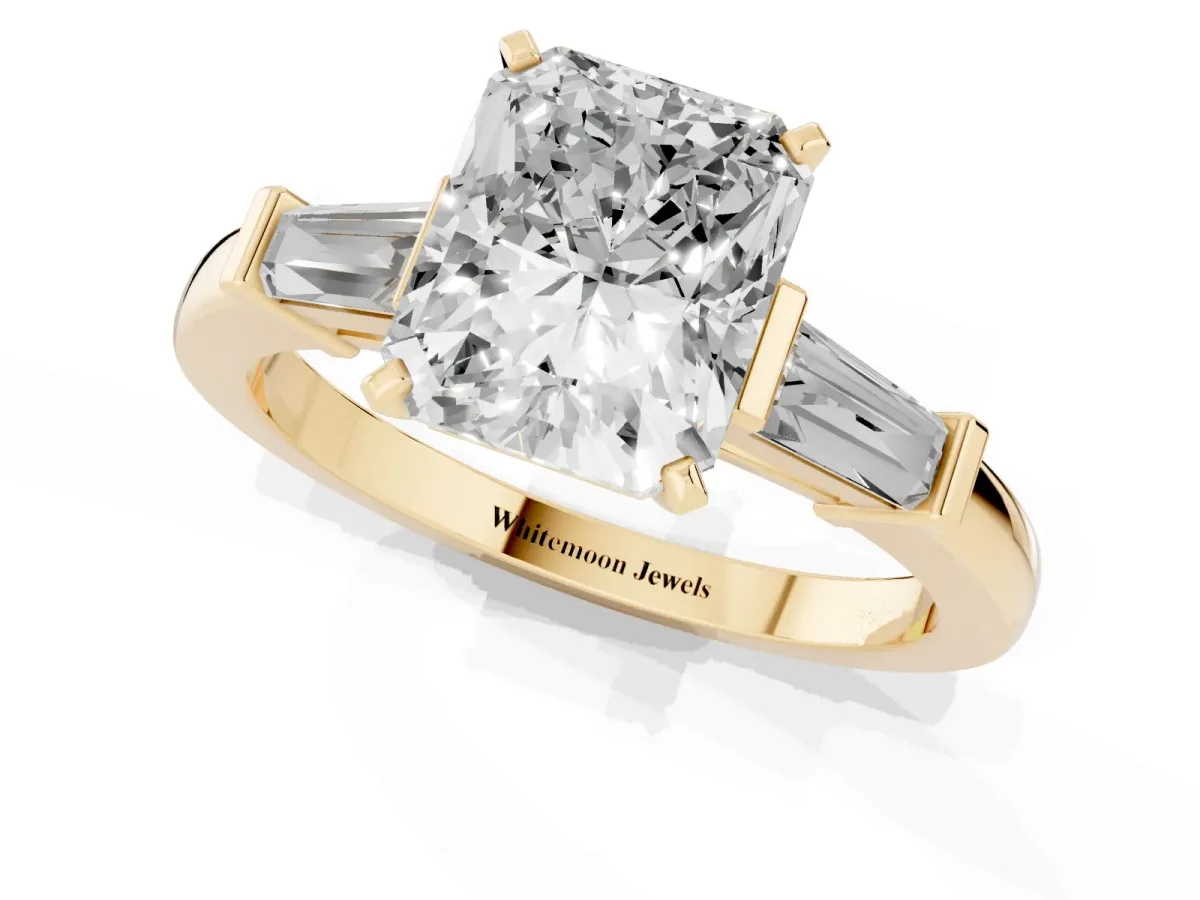 Radiant Cut Cut Diamond Solitaire Ring with Tapered Baguette Accents and Four-Prong Setting Yellow gold