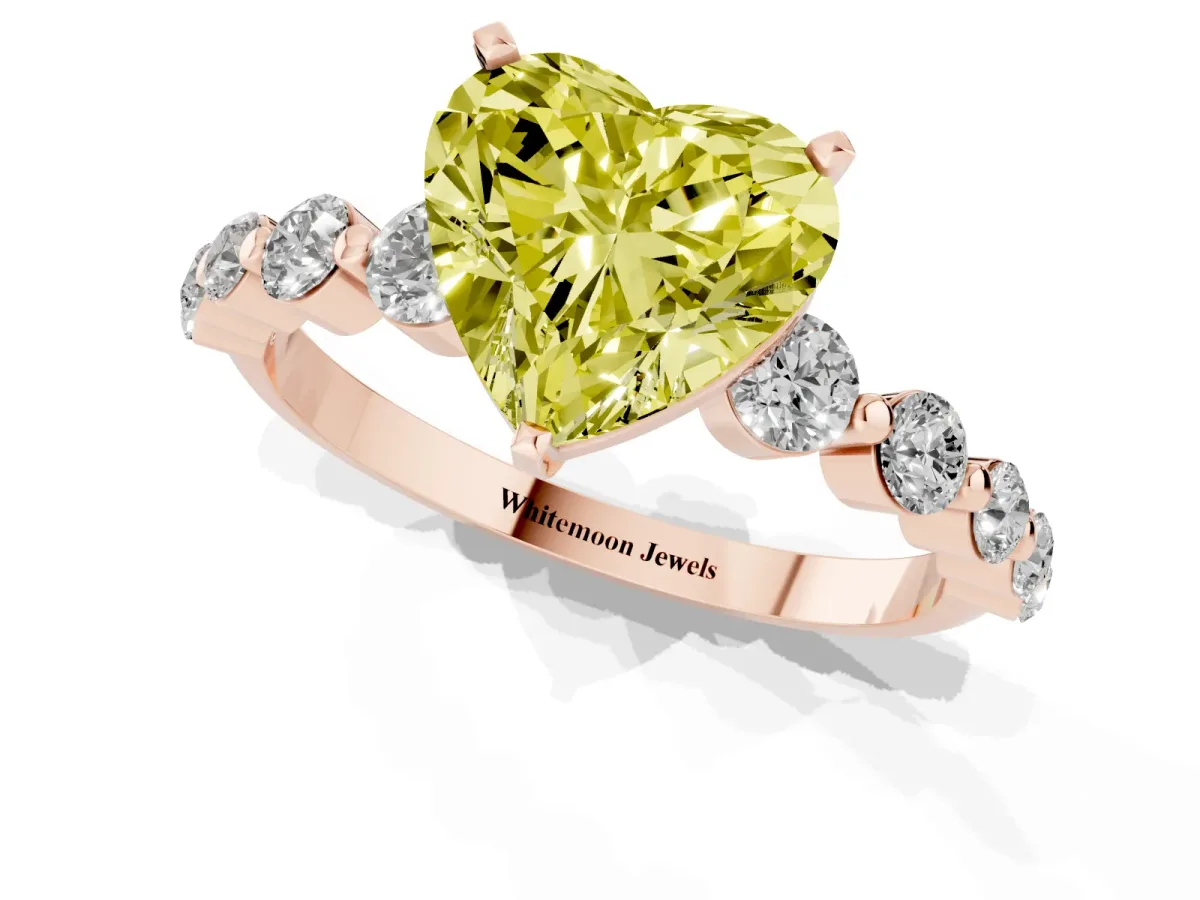 Fancy Yellow Heart Cut Solitaire Diamond Ring with Pave Band and Four-Prong Setting Rose gold