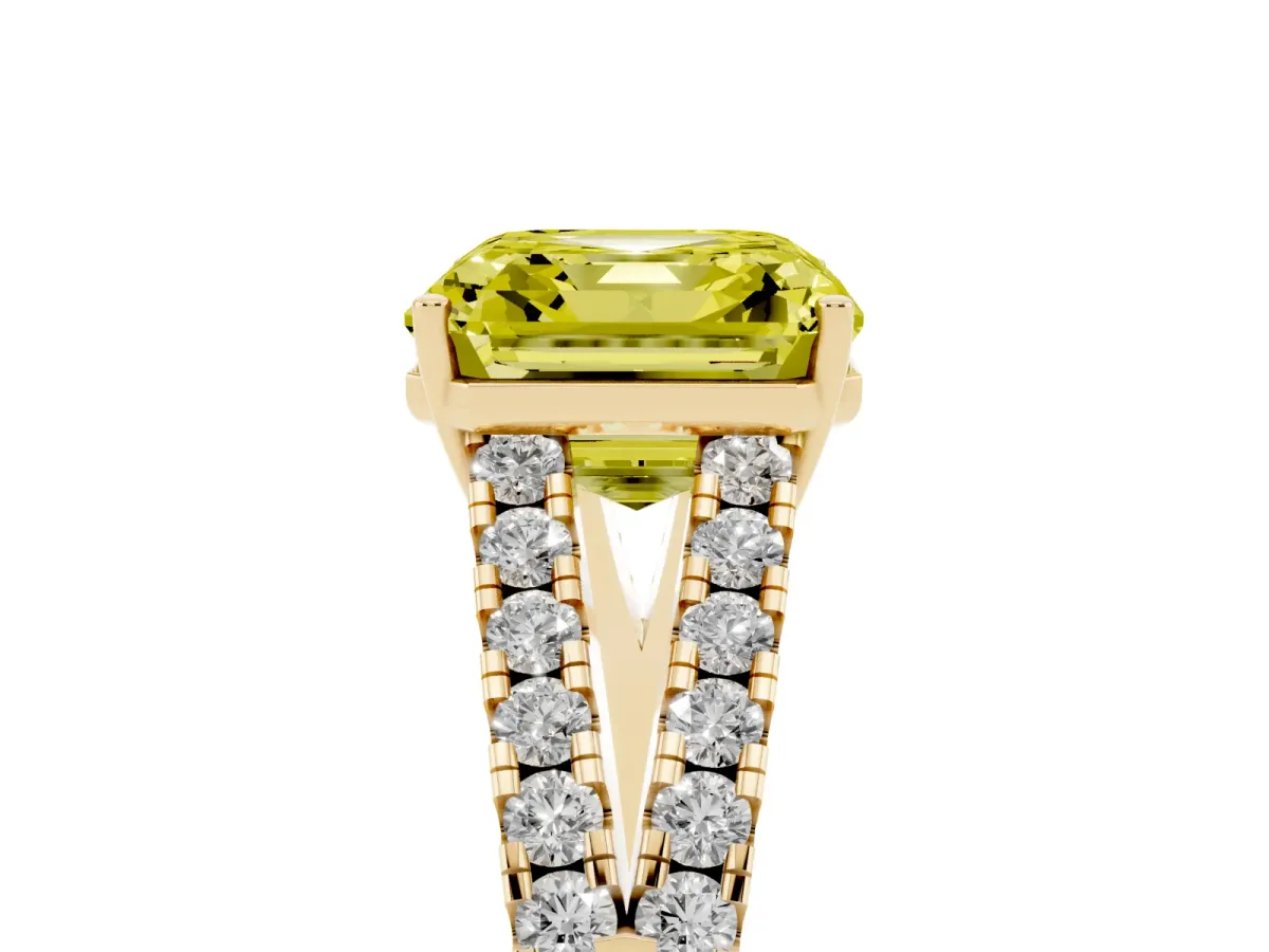 Fancy Yellow Asscher Cut Diamond Split Shank Pavé Engagement Ring with Four-Prong Setting Yellow gold