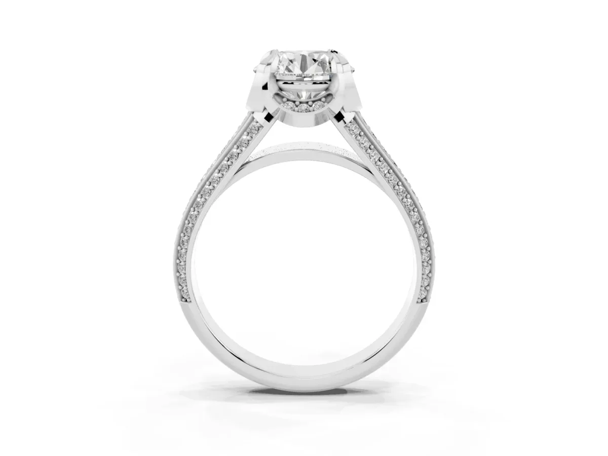 Round Cut Solitaire Pave Split Shank Ring with Four-Prong Setting Silver