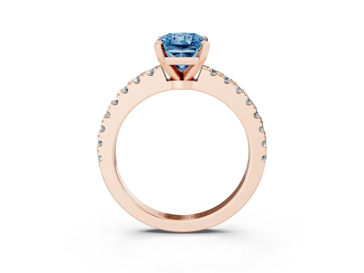 Fancy Blue Radiant Cut Solitaire Diamond with Pavé Band and Four-Prong Setting Rose gold