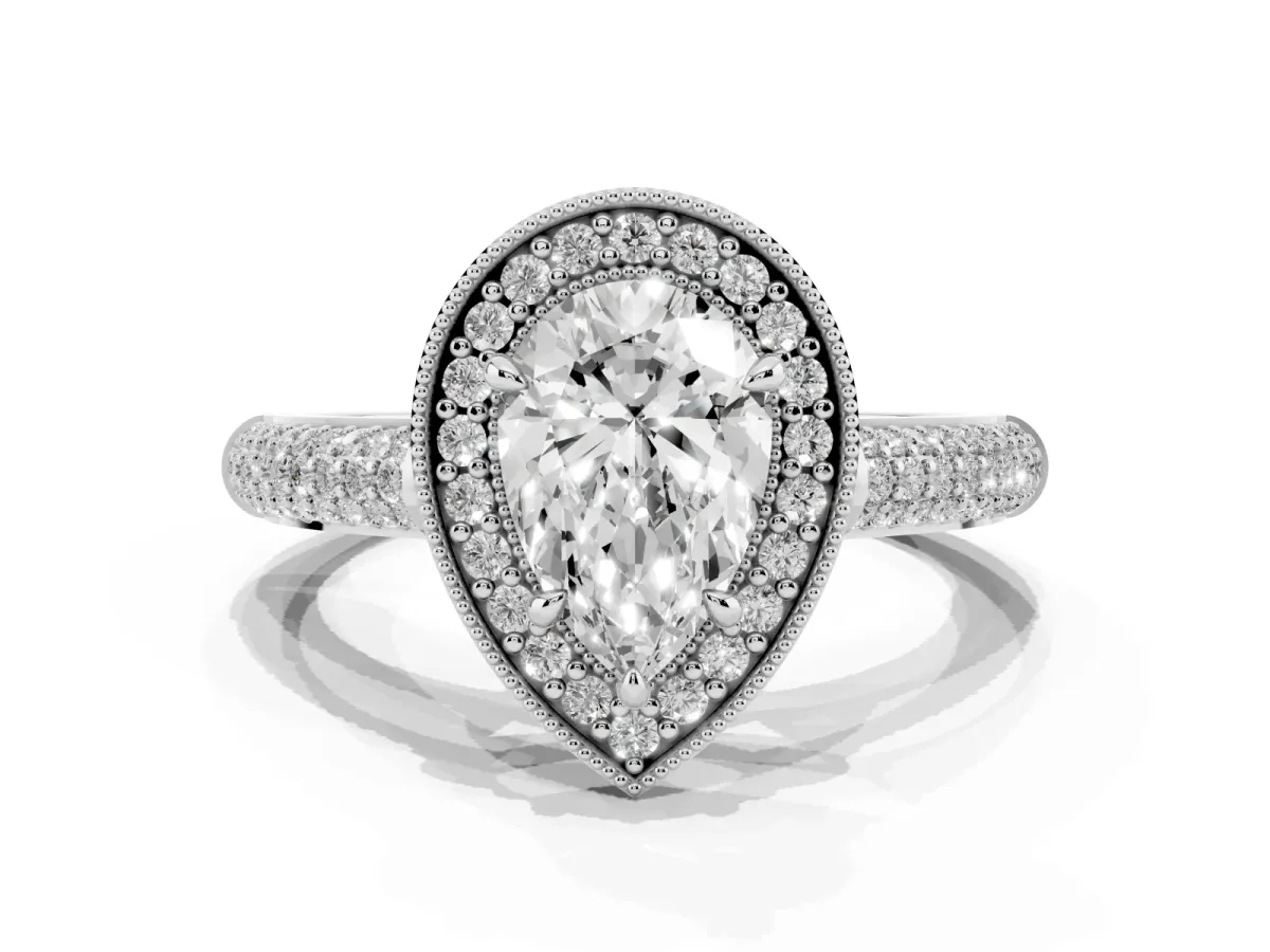 Pear Cut Cut Halo Diamond Pave Band with Four-Prong Setting Silver