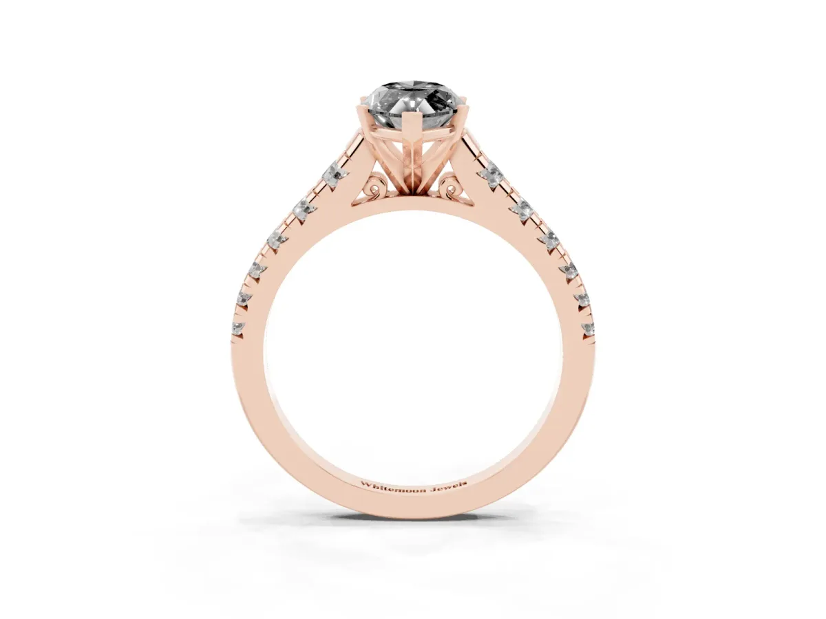 Fancy Black Marquise Cut Diamond Cathedral Solitaire Ring with Round Pavé Band Rose gold