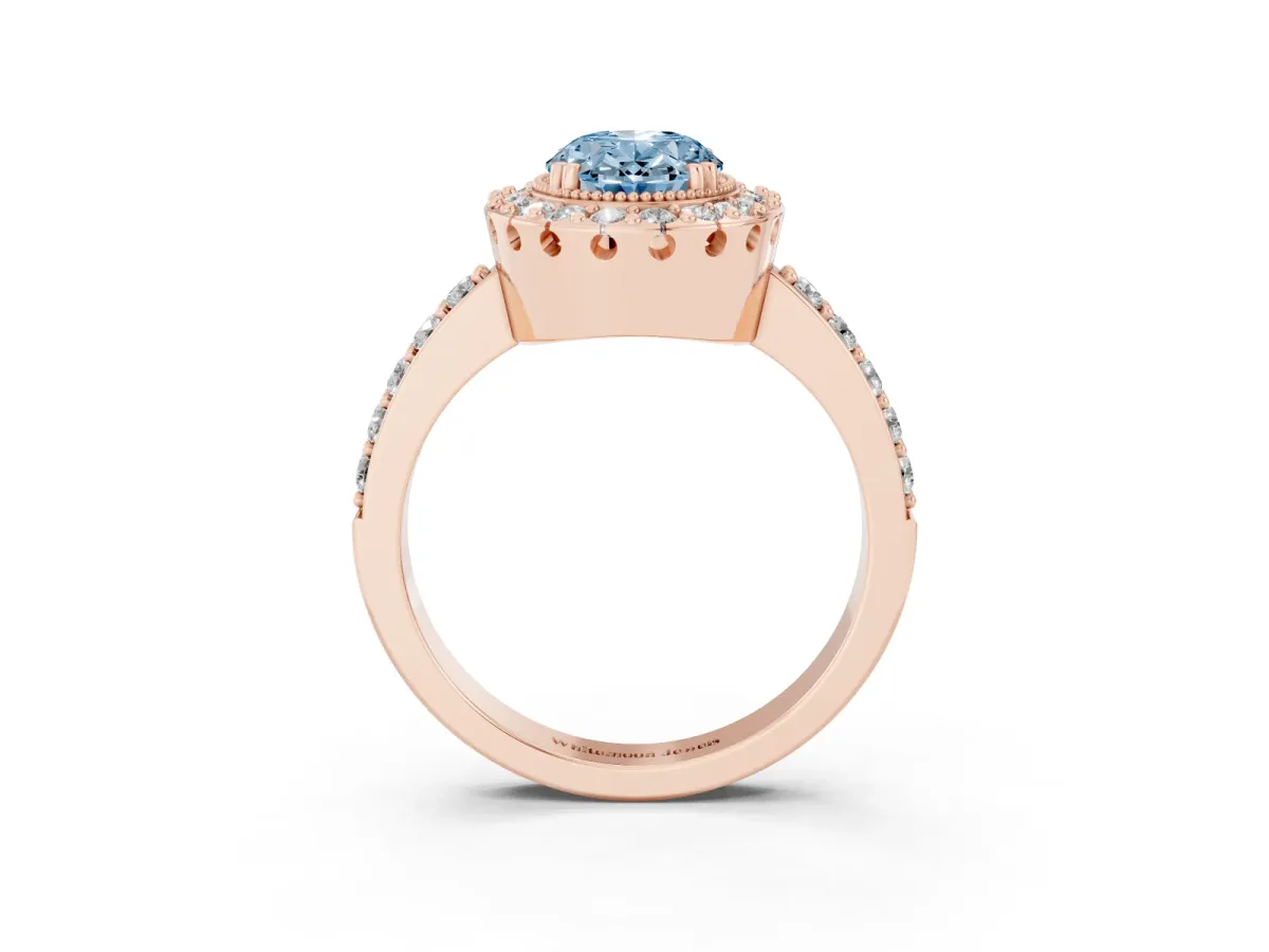 Fancy Blue Oval Cut Diamond Halo Ring with Pavé Band and Prong Setting Rose gold