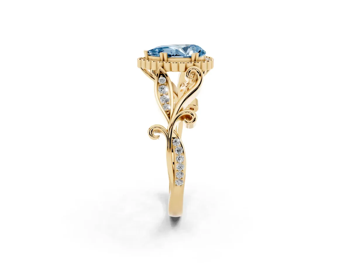 Fancy Blue Pear Cut Diamond Halo Ring with Vintage Split Shank and Four-Prong Setting Yellow gold