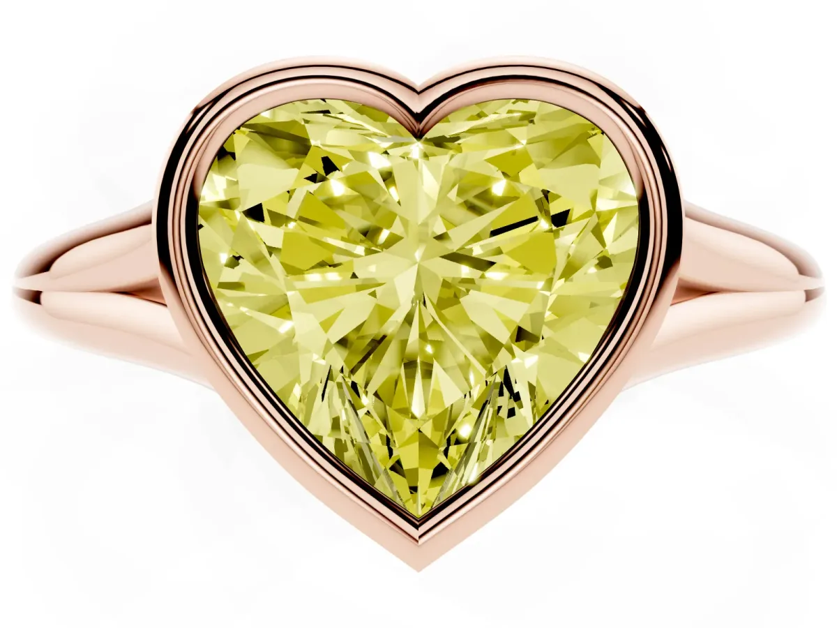 Fancy Yellow Bezel Set Heart Cut Cut Solitaire Ring with Tapered Band Rose gold