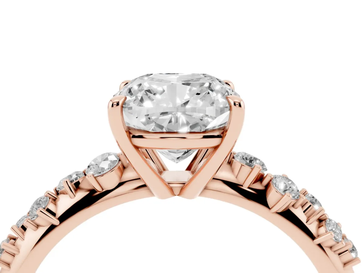 Cushion Cut Diamond Cluster Side Stone Solitaire Ring with Prong Setting Rose gold