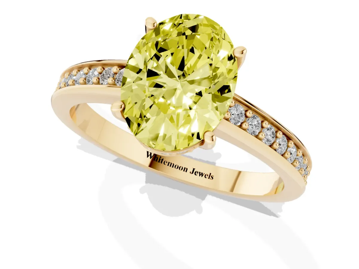 Fancy Yellow Oval Cut Solitaire Pavé Band Prong Setting Ring Yellow gold