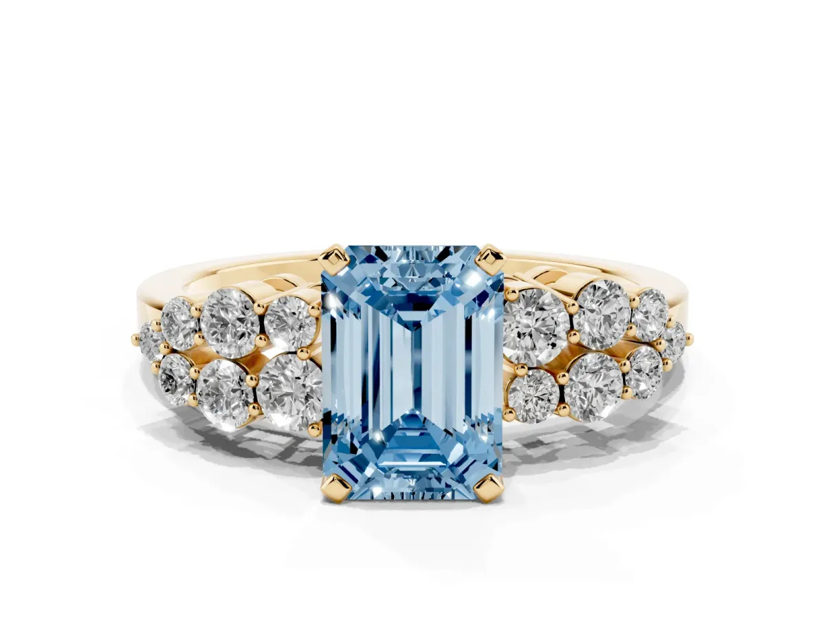 Fancy Blue Emerald Cut Cluster Diamond Engagement Ring with Pavé Band and Four-Prong Setting Yellow gold