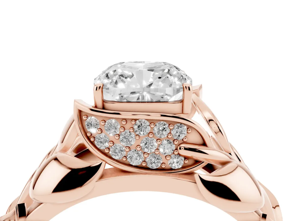 Cushion Cut Diamond Leaf-Inspired Engagement Ring with Round Accents and Prong Setting Rose gold