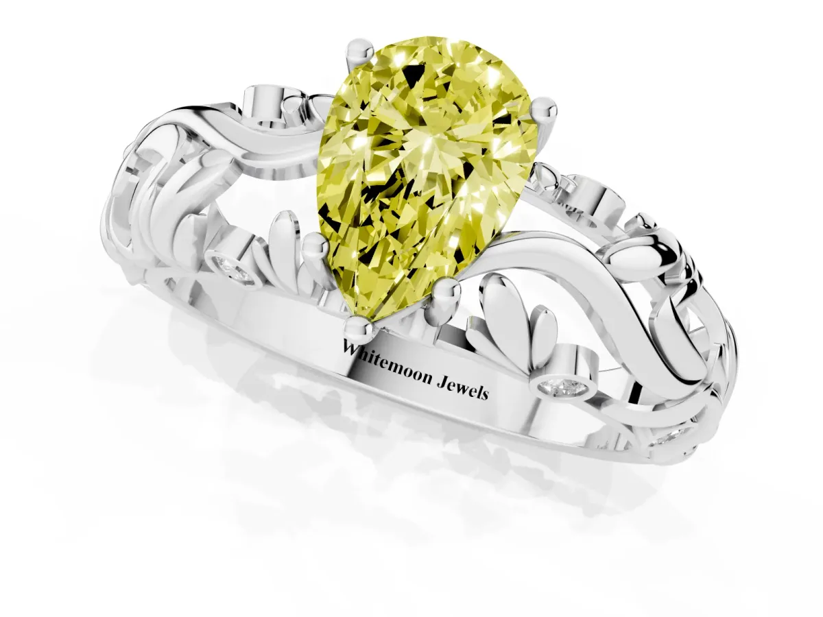 Fancy Yellow Pear Cut Solitaire Diamond Leaf-Inspired Vine Band Ring with Prong Setting Silver