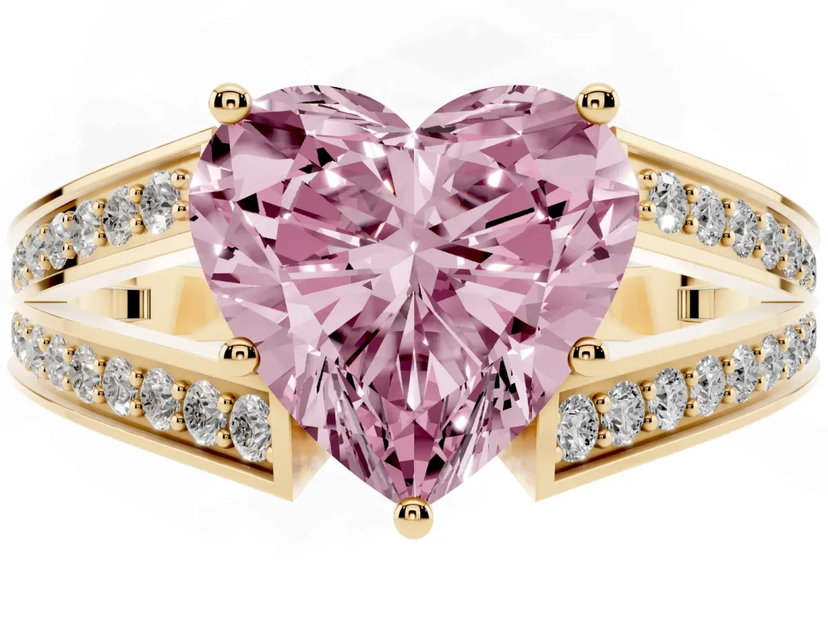 Fancy Pink Heart Cut Diamond Split Shank Ring with Pavé Band and Four-Prong Setting Yellow gold