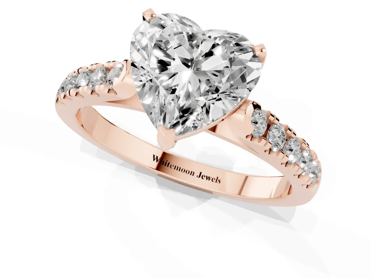 Heart Cut Diamond Pavé Band Solitaire Ring with Prong Setting Rose gold