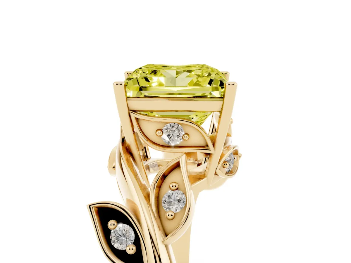 Fancy Yellow Princess Cut Solitaire Twist Engagement Ring with Leaf Accents and Prong Setting Yellow gold
