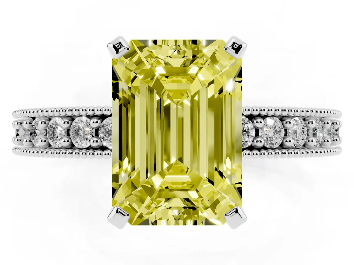 Fancy Yellow Emerald Cut Diamond Milgrain Pavé Engagement Ring with Four-Prong Setting Silver