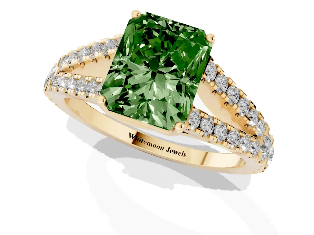 Fancy Green Radiant Cut Diamond Split Shank Engagement Ring with Round Pavé and Prong Setting Yellow gold