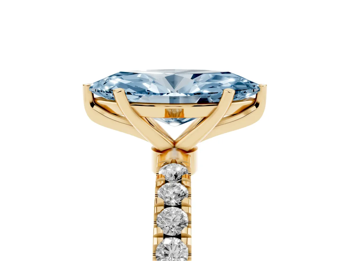 Fancy Blue Marquise Cut Diamond Solitaire Ring with Pavé Accents and Four-Prong Setting Yellow gold