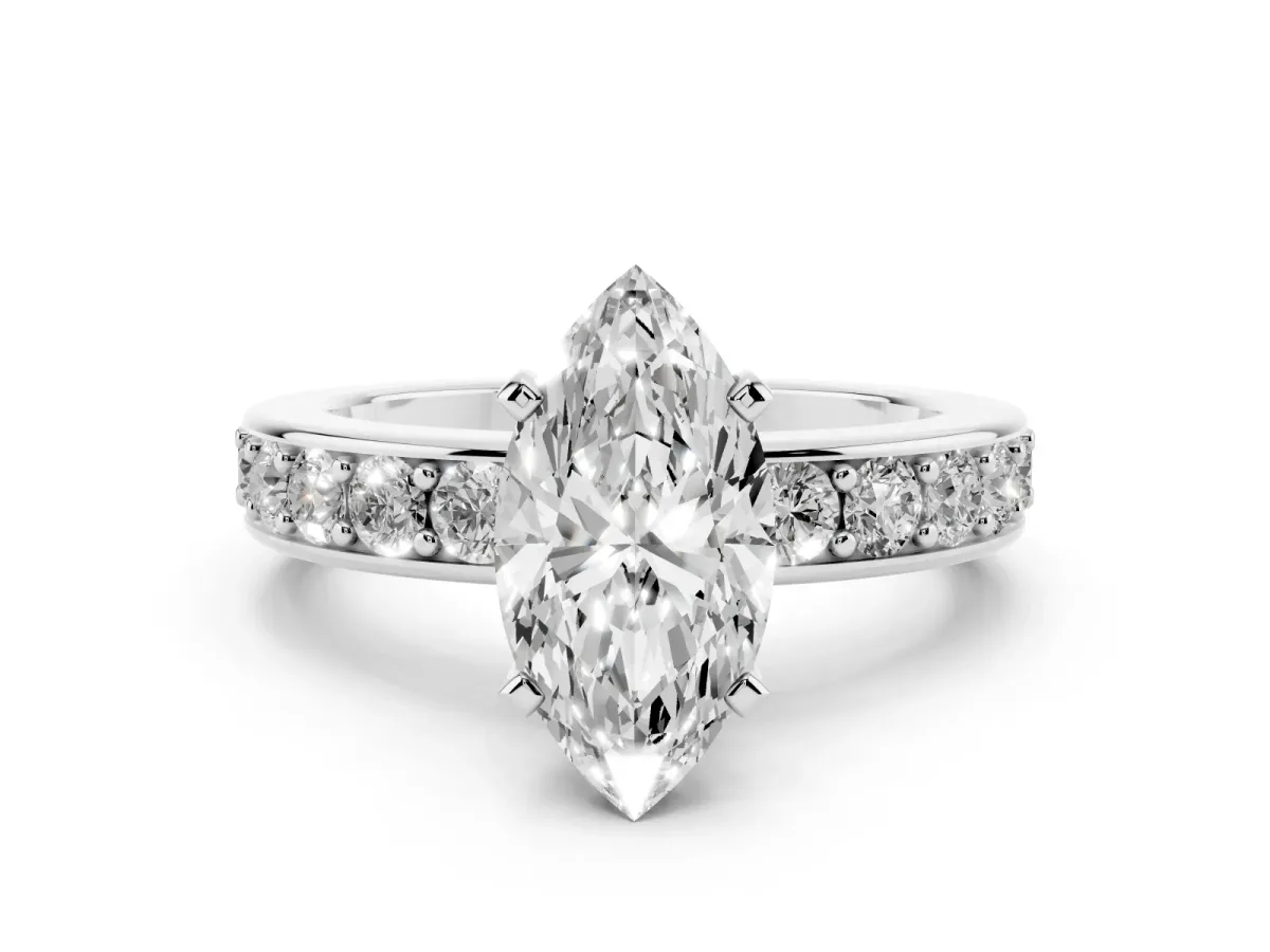 Marquise Cut Diamond Engagement Ring with Channel Set Round Band and Prong Setting Silver