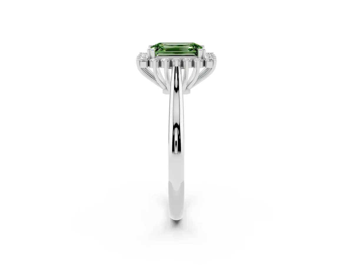 Fancy Green Emerald Cut Cut Diamond Halo Ring with Solitaire Band and Prong Setting Silver