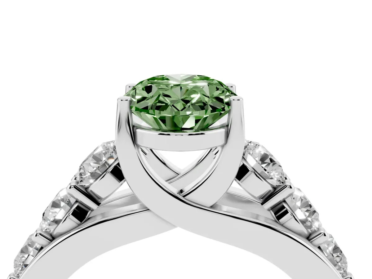 Fancy Green Oval Cut Diamond Engagement Ring with Pavé Band and Four-Prong Setting White gold