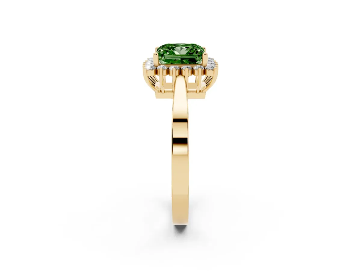 Fancy Green Princess Cut Cut Diamond Halo Ring with Round Brilliant Halo and Solitaire Band Yellow gold
