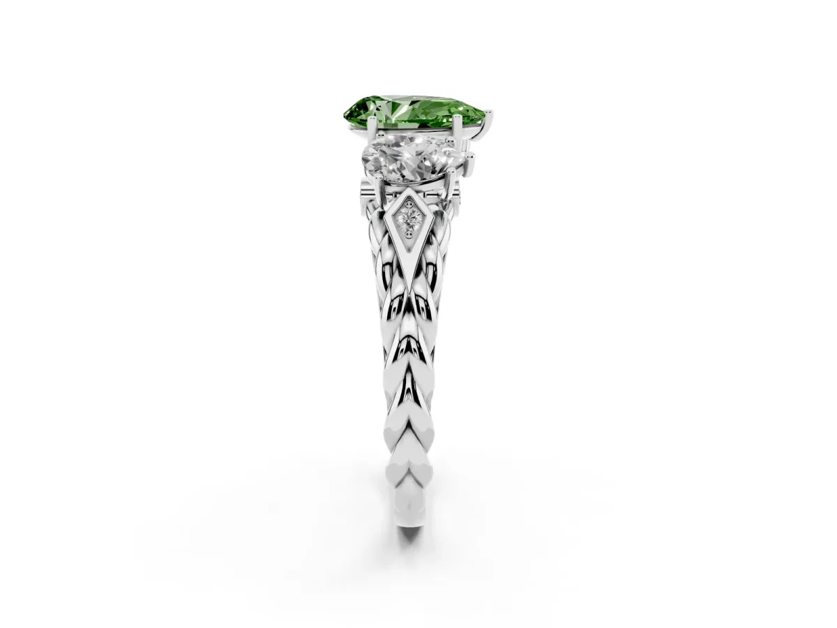 Fancy Green Three-Stone Pear Cut Diamond Braided Band Ring with Four-Prong Setting Silver