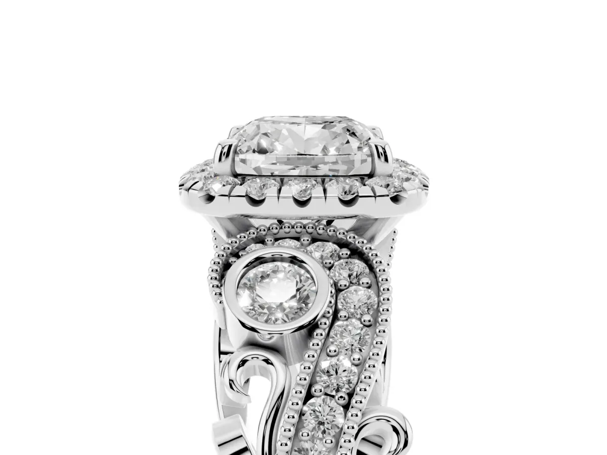 Cushion Cut Halo Diamond Ring with Milgrain and Bezel Accents on a Split Shank Band Platinum