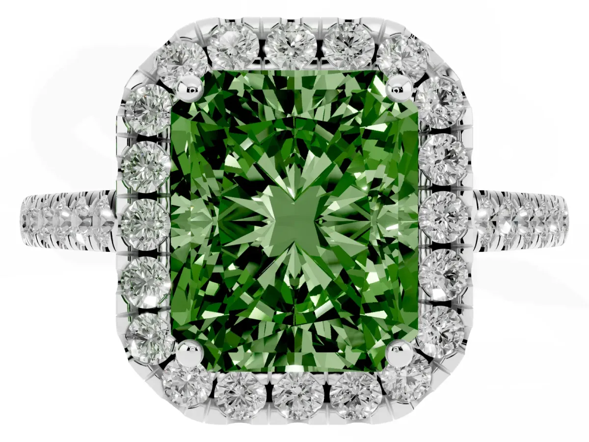Fancy Green Radiant Cut Halo Pavé Diamond Engagement Ring with Four-Prong Setting Silver