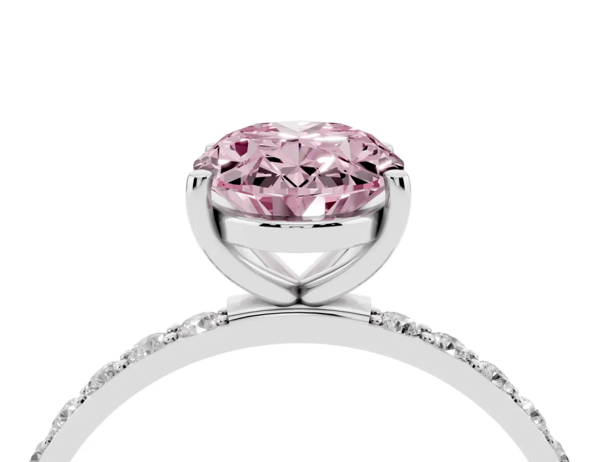 Fancy Pink Oval Cut Diamond Solitaire Ring with Round Pavé Shoulders and Prong Setting Silver
