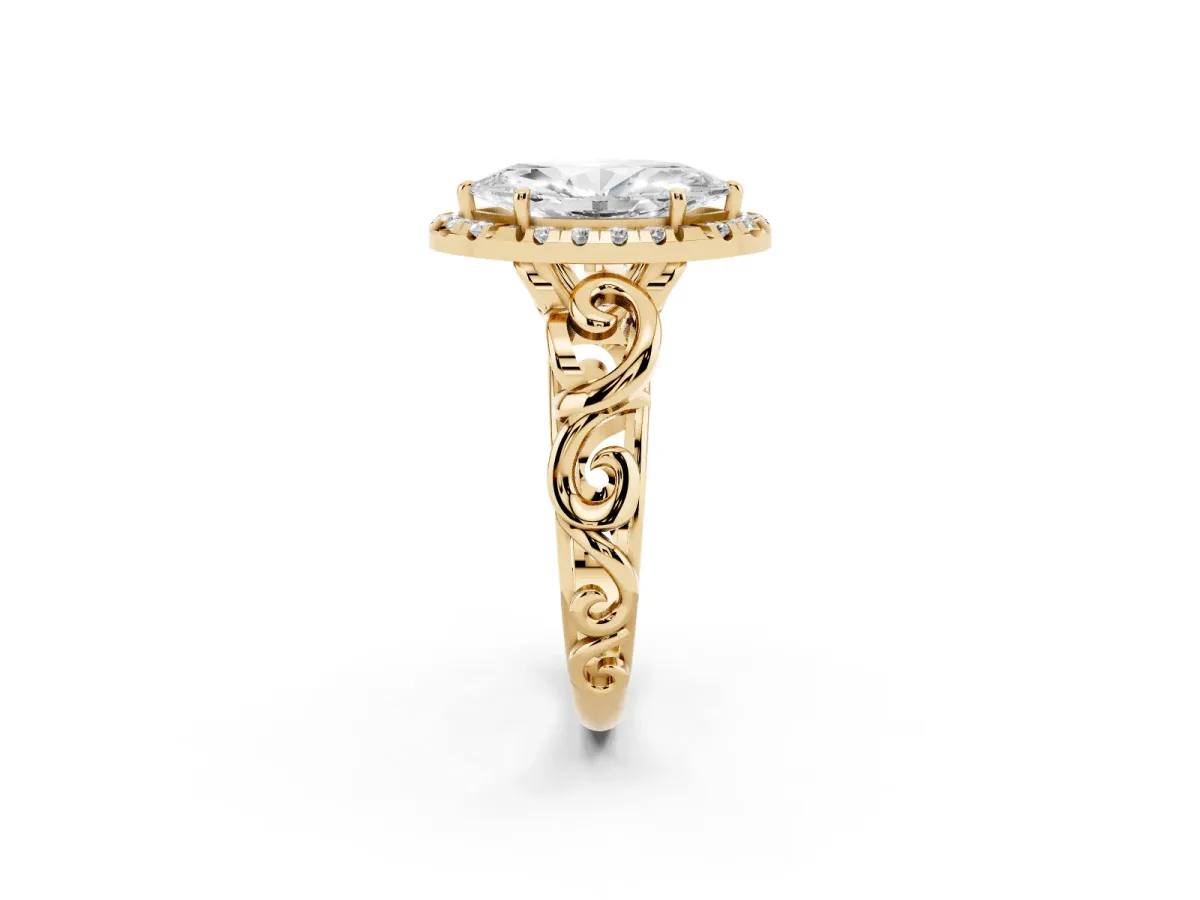 Marquise Cut Cut Halo Diamond Ring with Scrollwork Band and Four-Prong Setting Yellow gold