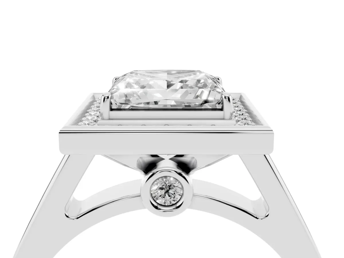 Princess Cut Halo Solitaire Diamond Ring with Pave Band and Bezel Setting Silver