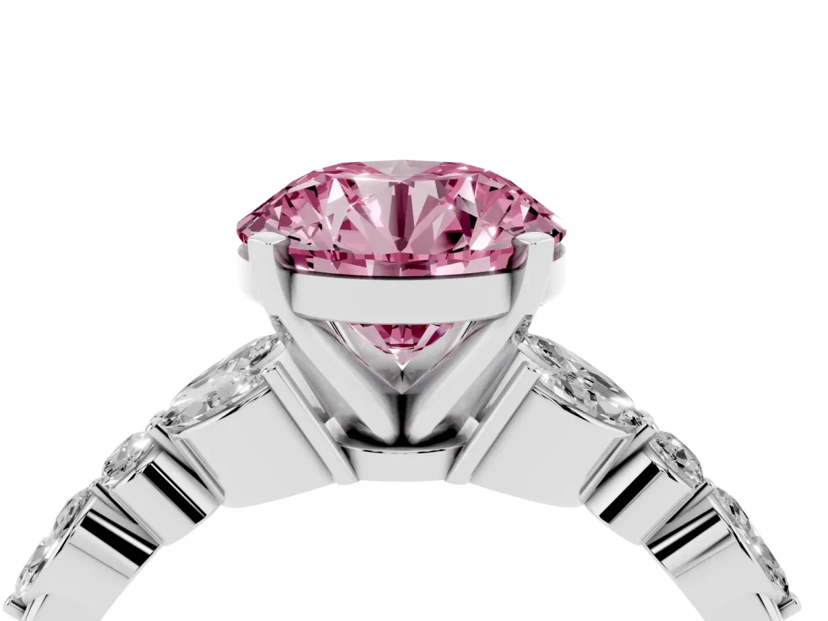 Fancy Pink Round Cut Diamond Solitaire Ring with Side Stones and Four-Prong Setting Platinum